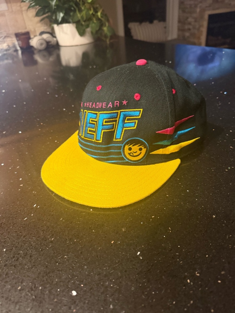 Neff Black Snapback Hat with Yellow Brim and Pink Accents - Picture 4 of 5
